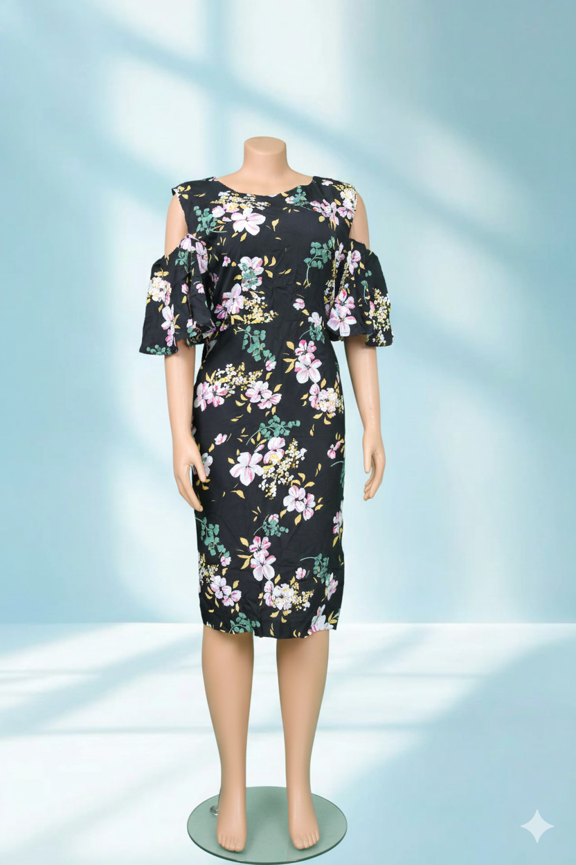 Midnight Blossom Cold-Shoulder Dress