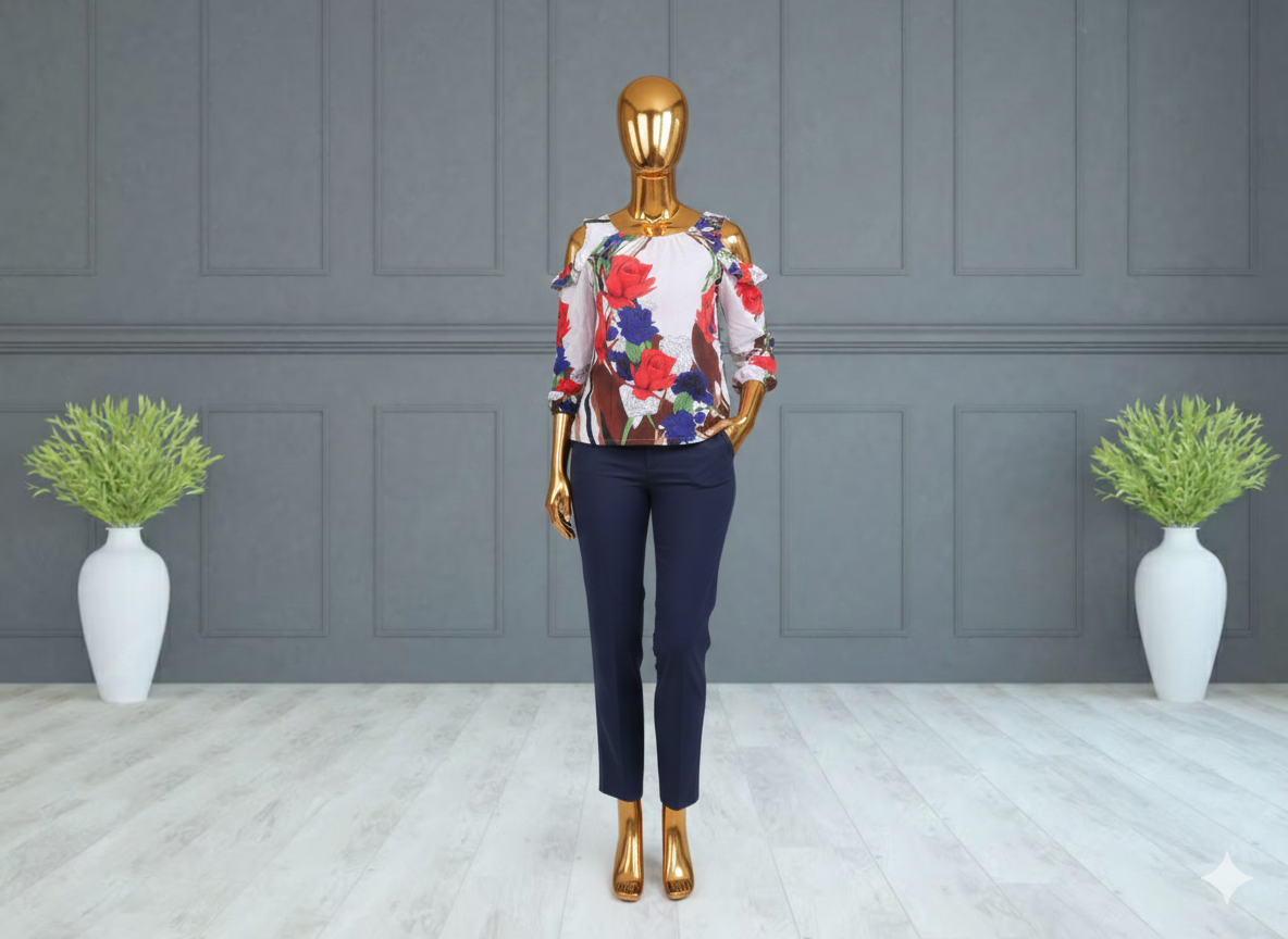 Floral Charm Cold-Shoulder Top & Navy Slim Pants Set