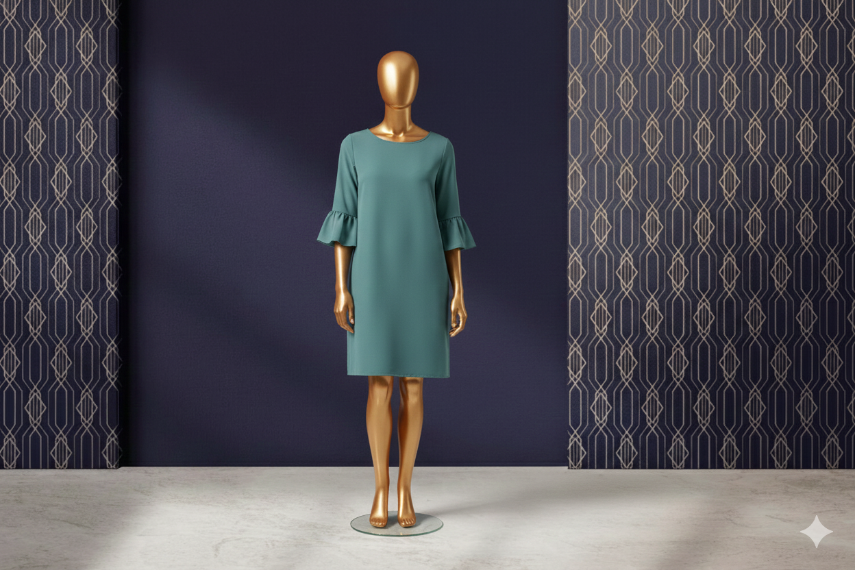 Emerald Grace Bell-Sleeve Shift Dress