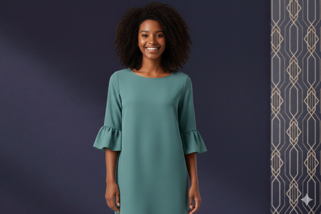Emerald Grace Bell-Sleeve Shift Dress - Image 2